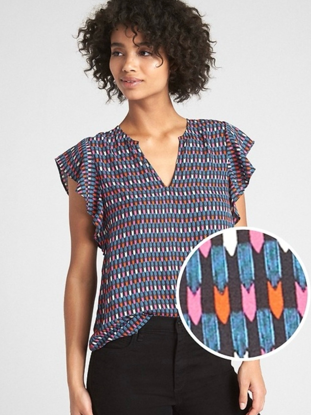 GAP Navy Multi Arrow-Print Flutter Sleeve V-Neck Top